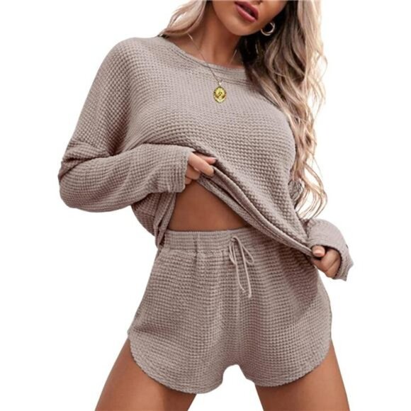 Women's Waffle Knit Pajama Set Long Sleeve Top Shorts Loungewear